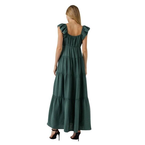 Fall Boho Women's Green maxi dress with Raw Edge. Size L. Free The Roses - Picture 3 of 5